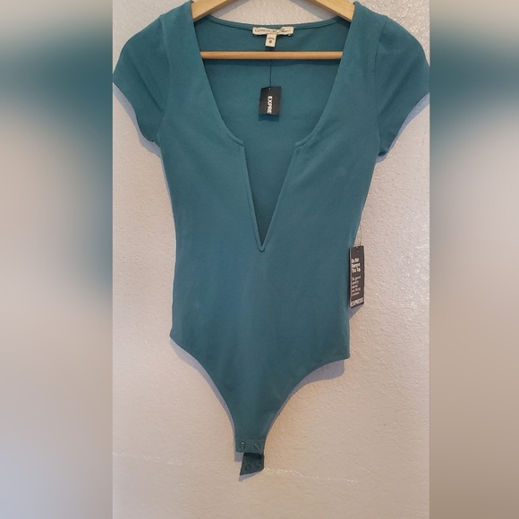 NWT EXPRESS One Eleven Deep Plunge V-Neck Blue Green Thong Bodysuit Size XS - Picture 4 of 6